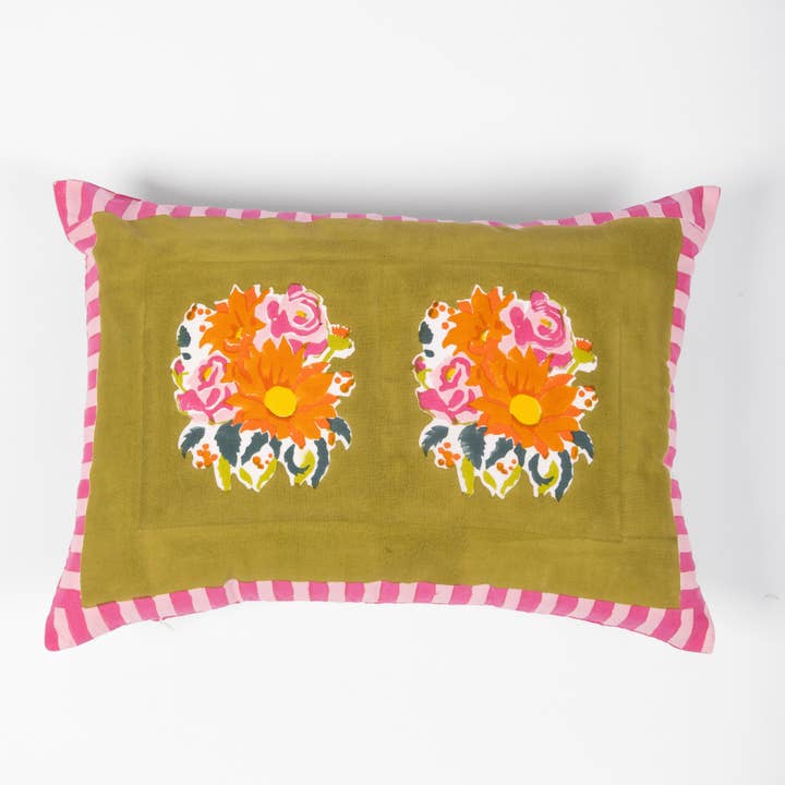 Block-Print Cotton Lumbar Pillow-Cover Floral Green Pink for wholesale by Thar Living