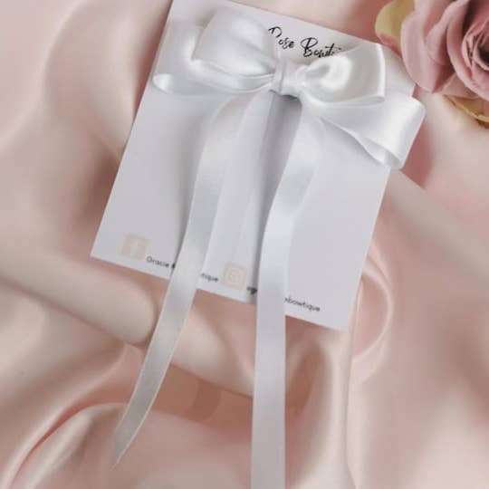 White satin hair bow clip for wholesale by Gracie Rose Bowtique