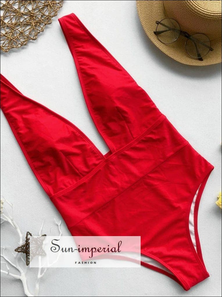 Sun Imperial - Wholesale One Piece Swimsuit - Women's - Women Plain Wine Red One Piece Swimsuit With Deep V Cut1