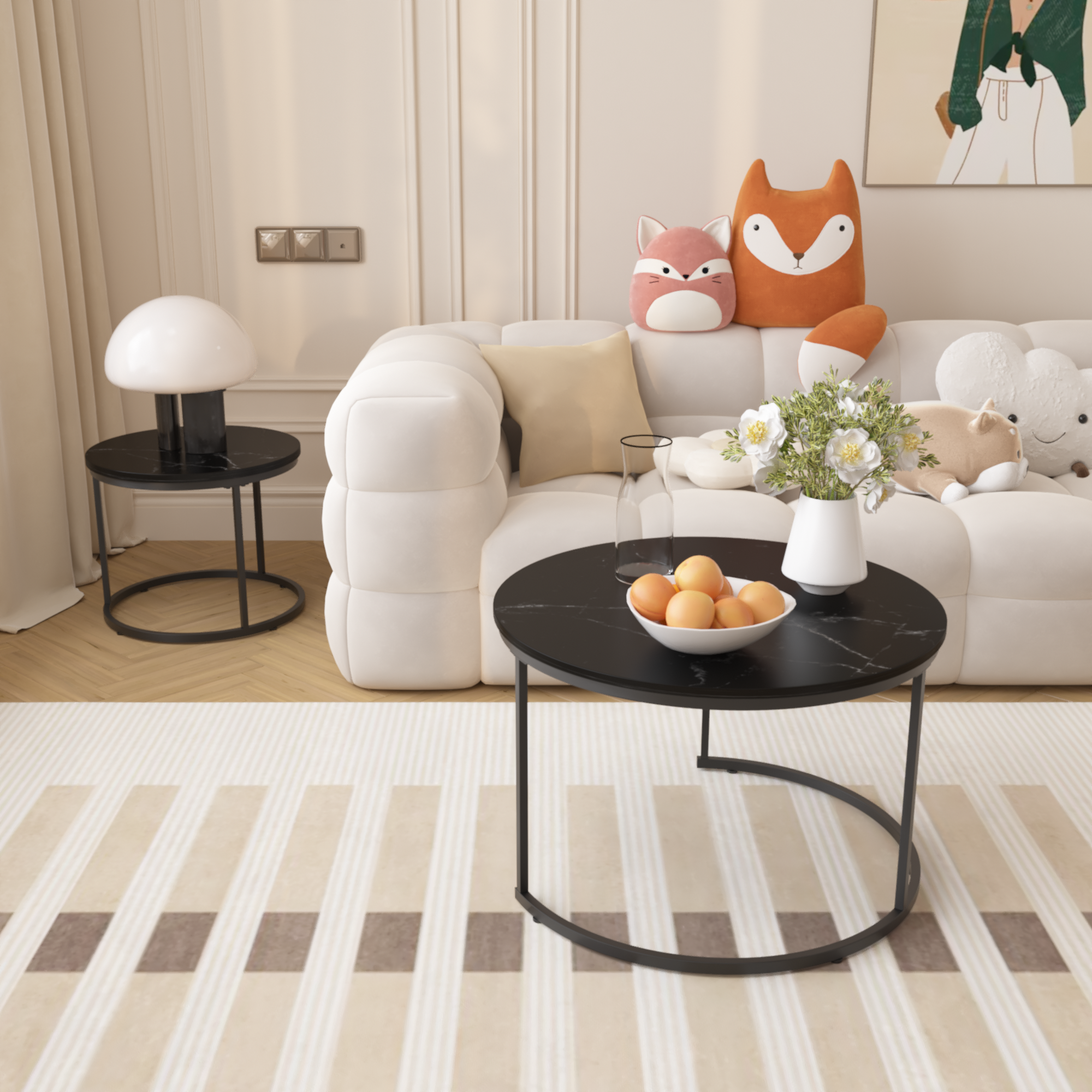 39F Inc. - Wholesale Coffee Table - Set of 2 Nesting Round Black Coffee Tables with Marble Top2