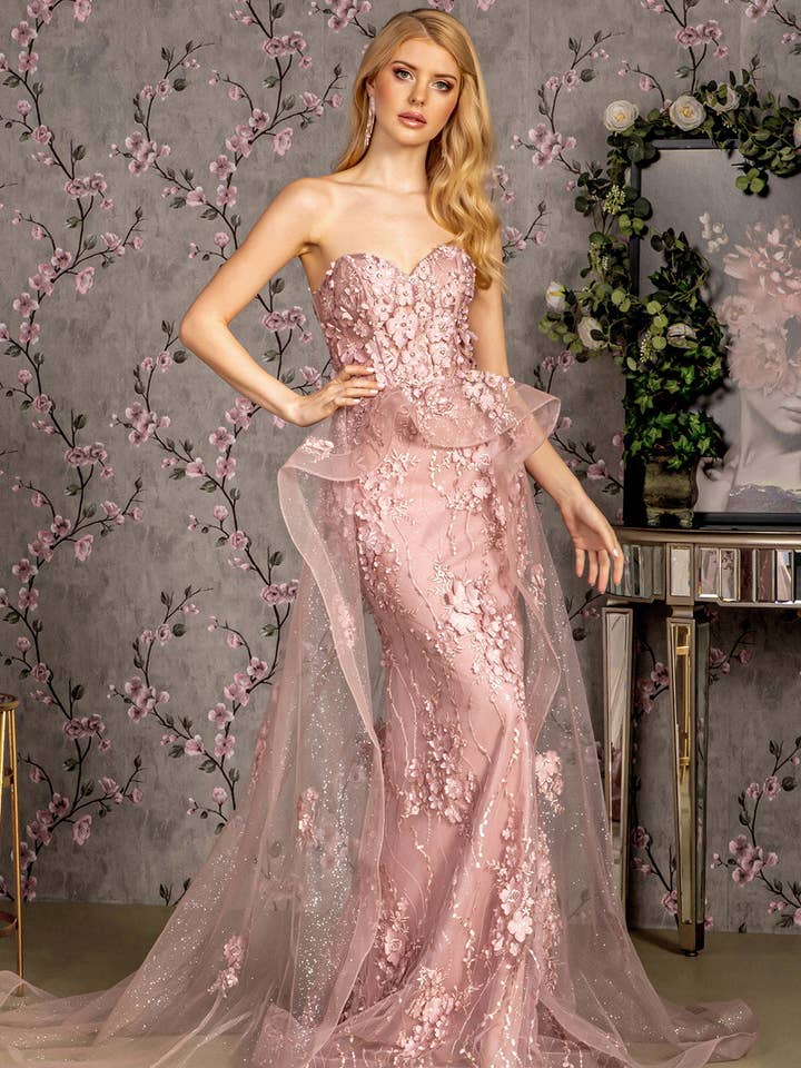 Robe de bal longue sirène en mesh sans bretelles avec drapé à la taille GLGL3257 pour la vente par SMC Fashion