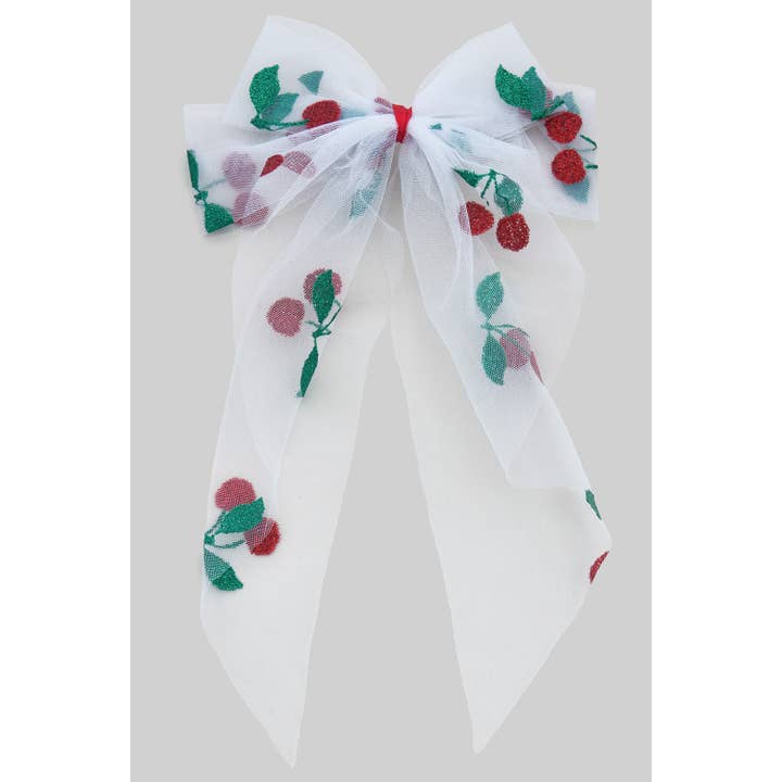 WHITE SHEER BOW WITH GLITTERY CHERRIES for wholesale on Faire