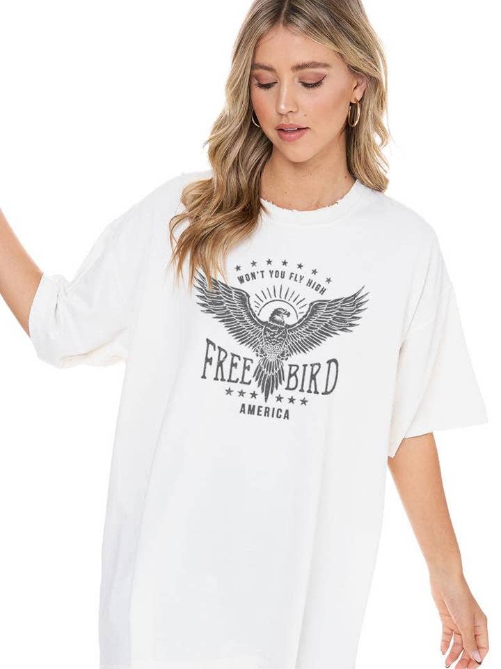 Free Bird Vintage Mono Oversized Graphic Top for wholesale by Foryeri