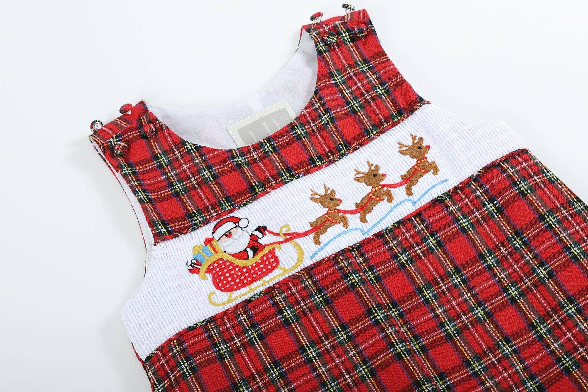 Lil Cactus - Wholesale Overalls - Kids - Red Christmas Plaid Santa Sleigh Smocked Overalls2