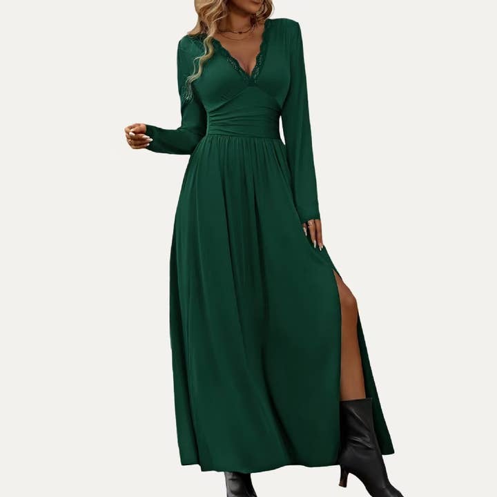 The Moment Collection - Wholesale Dress - Women's - Solid Soft Stretchy Plunging Neck Long Sleeve Maxi Dress4