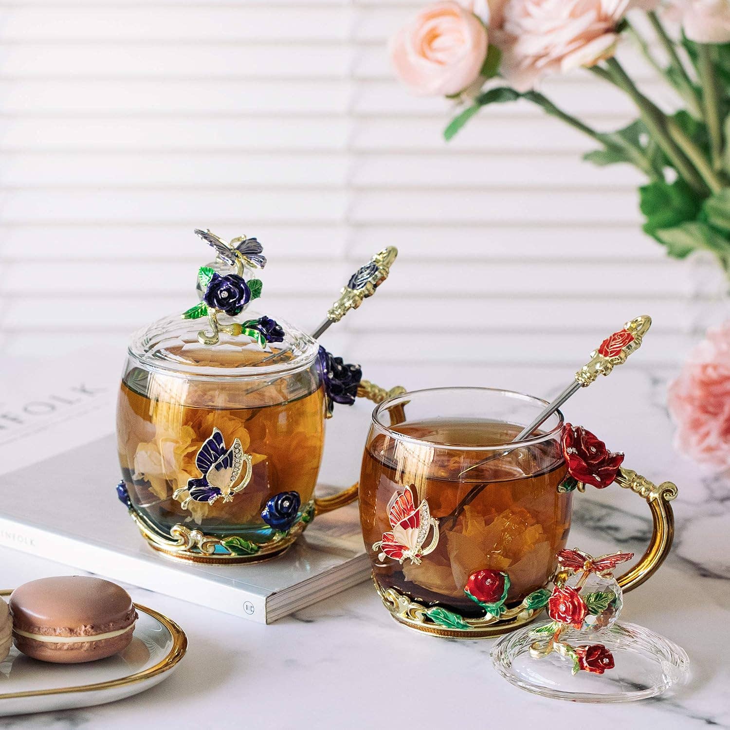 Brew To A Tea – wholesale Coffee/tea cup – BTaT Floral Glass Tea Cups with Lids - Set of 28