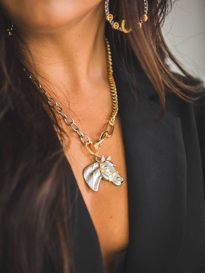 18" 18K Two Toned Plated Chain Necklace with Horse Pendant for wholesale by West & Co.
