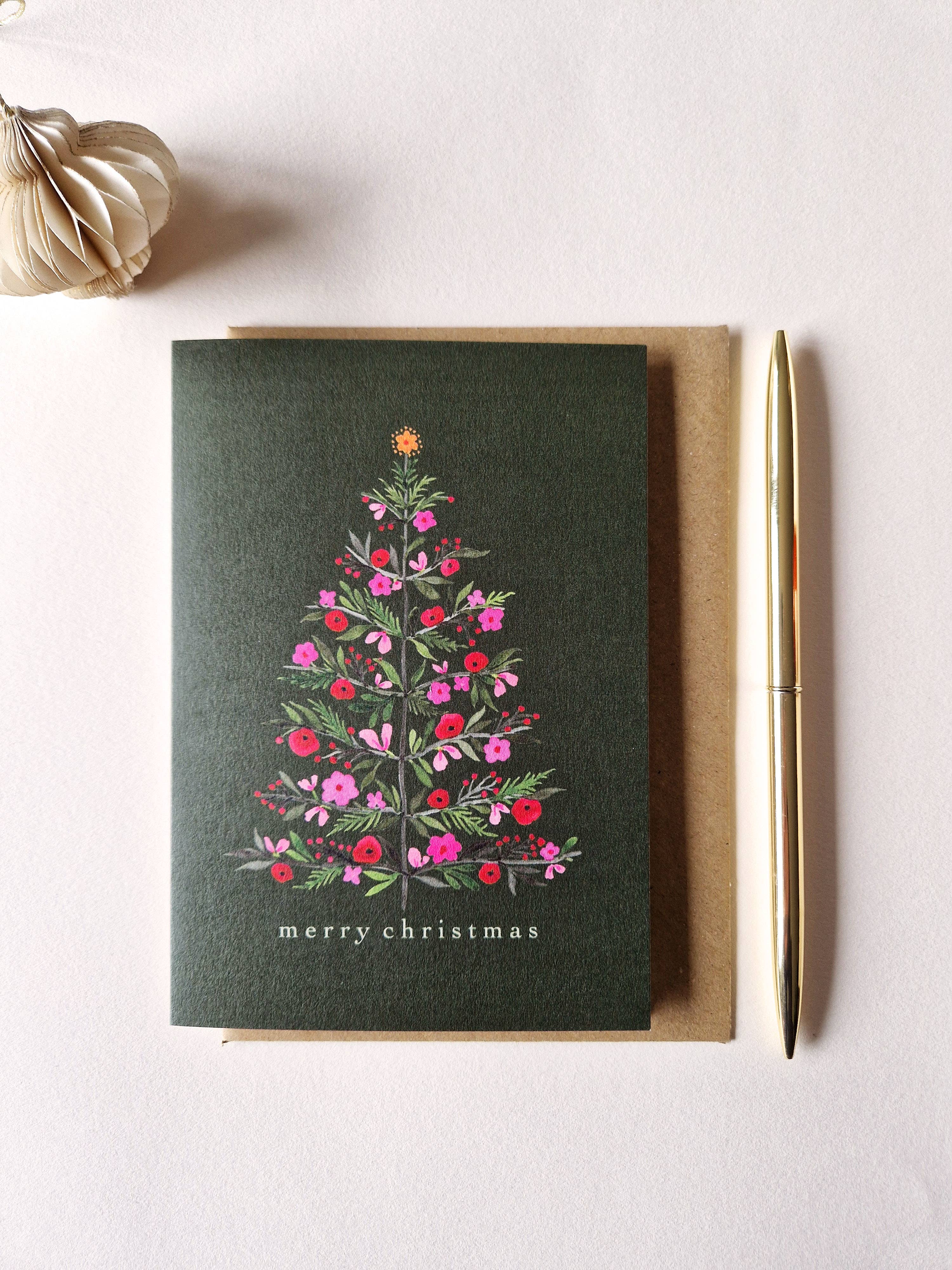 Anna Lau Art - Wholesale Christmas Card - Floral Christmas Tree - Forest Green - A6 card1