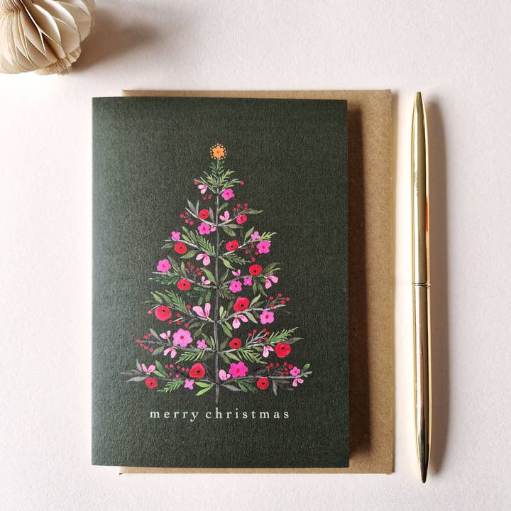 Anna Lau Art - Wholesale Christmas Card - Floral Christmas Tree - Forest Green - A6 card1