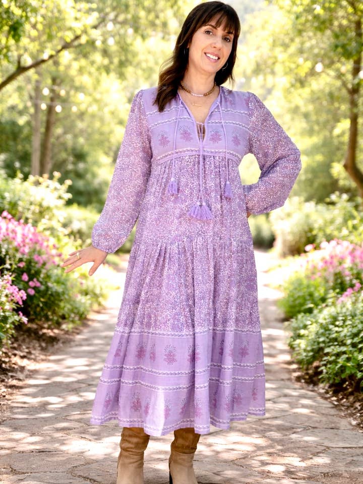 Kayla Printed Long Dress Long Sleeves With Tassels Lilac for wholesale by Blue Boheme