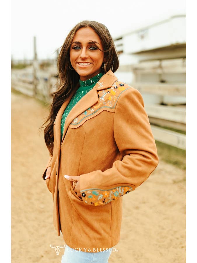 LUCKY & BLESSED - Wholesale Blazer - Women's - Camel Suede Lucky Embroidered Sleeve /Yoke Blazer