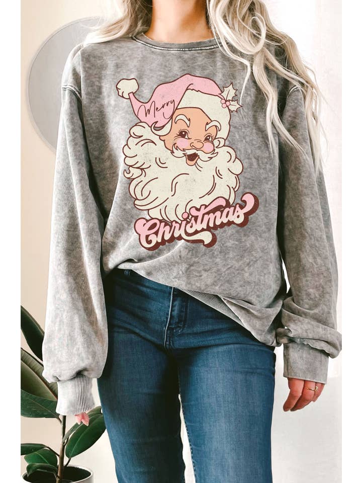 Rustee Clothing - Wholesale Graphic Sweatshirt - Women's - MERRY CHRISTMAS SANTA MINERAL TERRY SWEATSHIRT