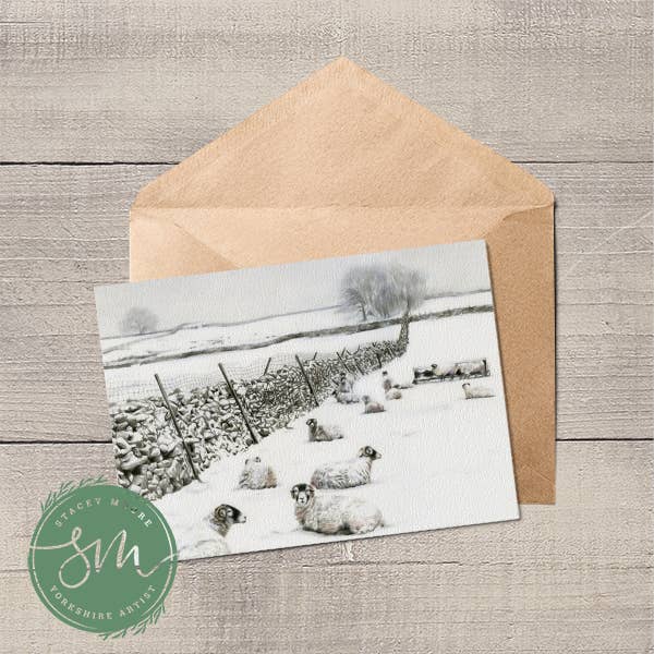 Swaledale Sheep in Snow Greetings Card for wholesale by Stacey Moore Ltd