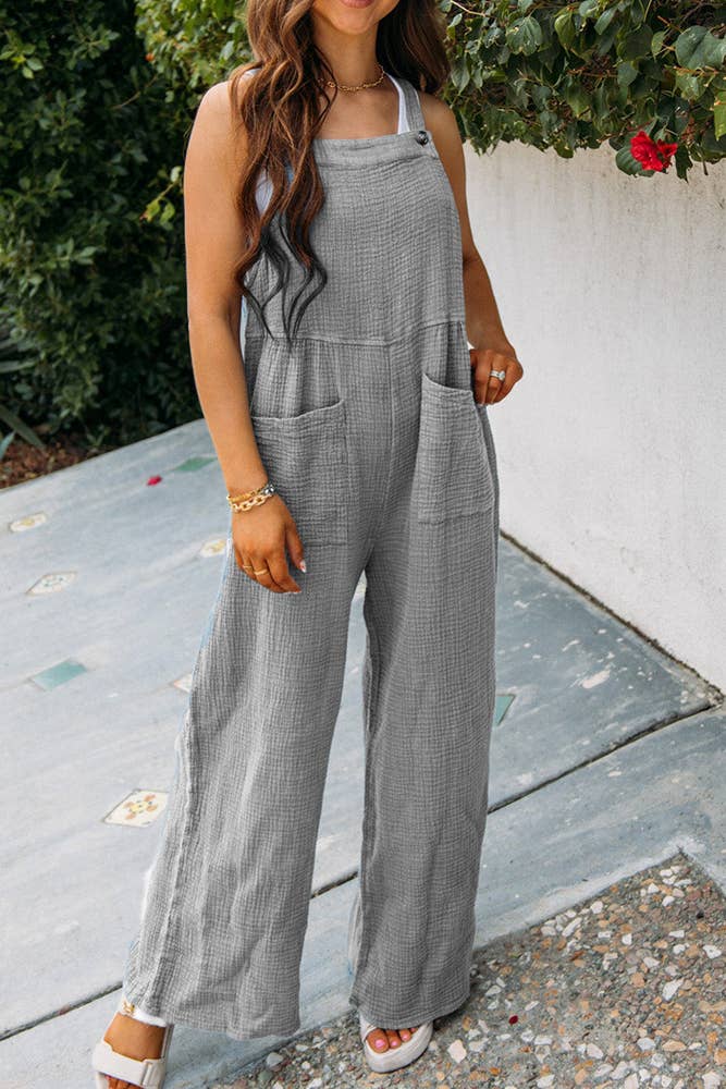 UNISHE - Wholesale Jumpsuit - Women's - Plain Texture Wide Leg Cami Jumpsuit CY0777