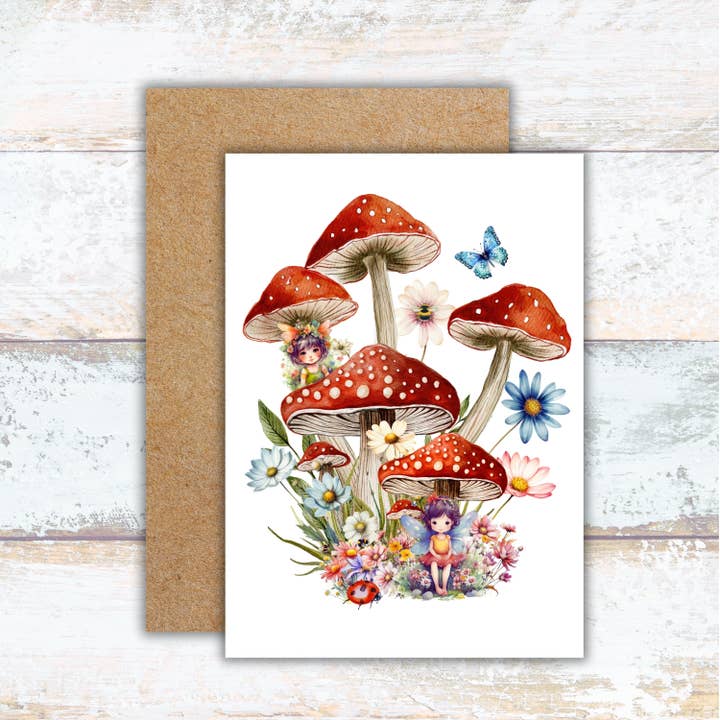 Red Mushroom and Fairies Watercolor Greeting Card for wholesale by Designs by Michaela