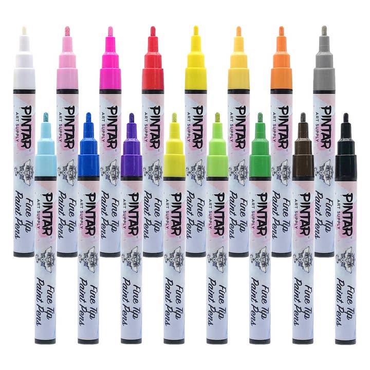 Pintar Art Supply - Wholesale Marker - PINTAR Premium Acrylic Paint Pens - 1mm Fine Tip Pens For Rock Painting, Ceramic Glass, Wood, Paper, Fabric & Porcelain, Water Resistant Paint Set, Surface Pen, Craft Supplies, DIY Project (16 colours)
