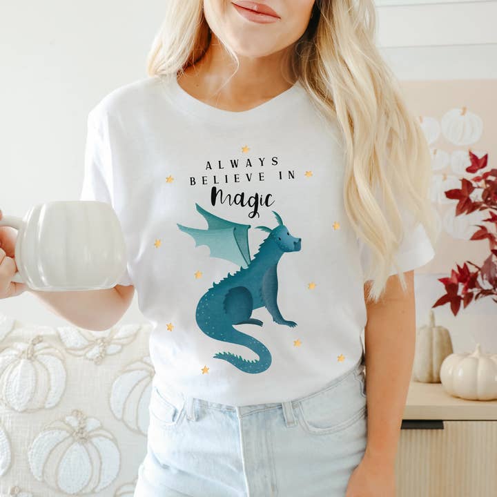 Tilda&Theo - Wholesale Screen Printed T-Shirt - Women's - Dragon Magic Fantasy T-shirt - Booklover Magic Organic Cotton