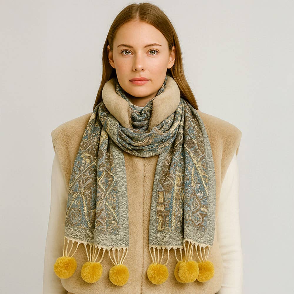 Sensibling Corp. – wholesale Halsduk - Dam – Elegant mönstrad vinterhalsduk med tofsdetaljer.2