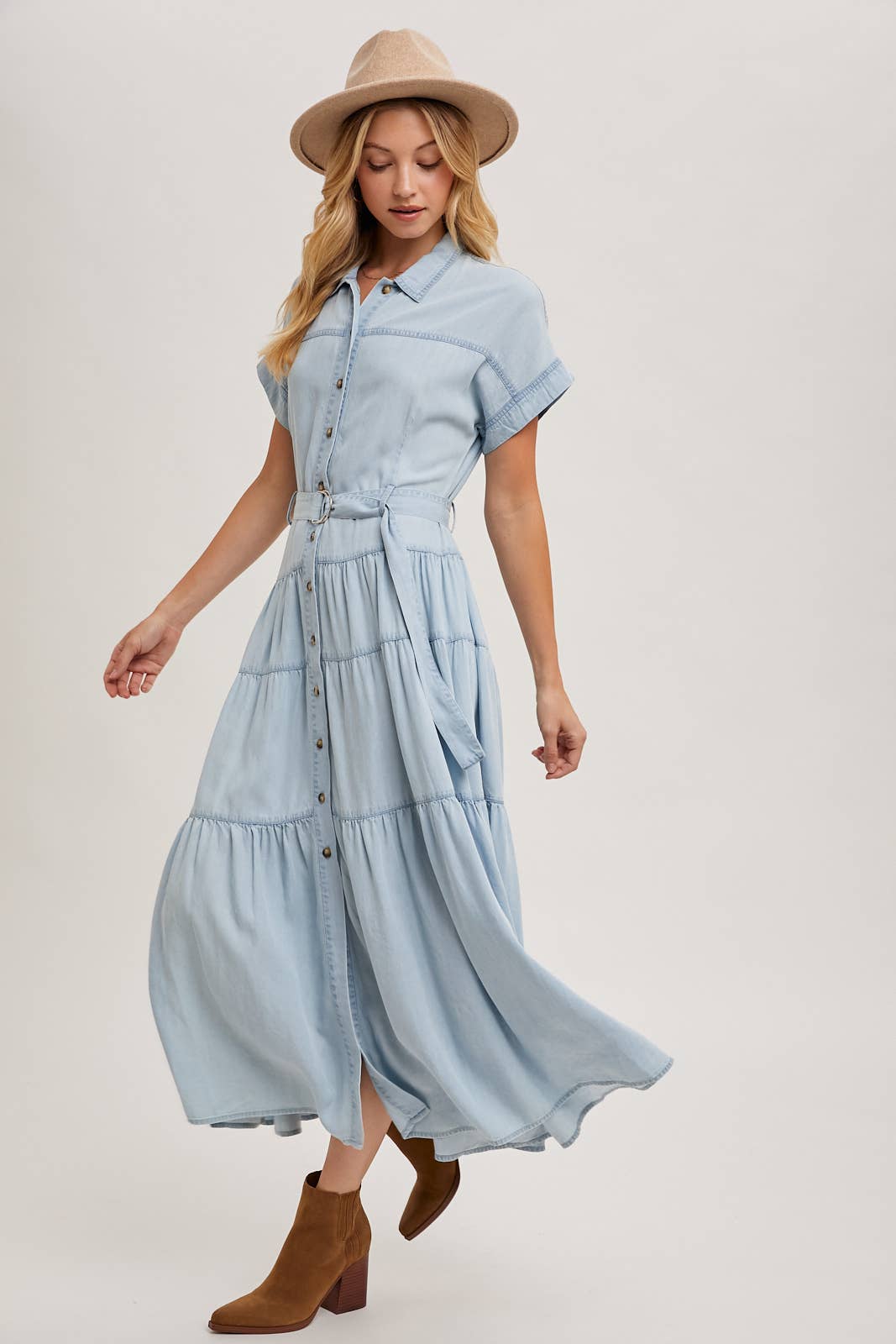 Bluivy - Wholesale Dress - Women's - BUTTON FRONT SHORT SLEEVED TIERED MAXI DENIM DRESS11