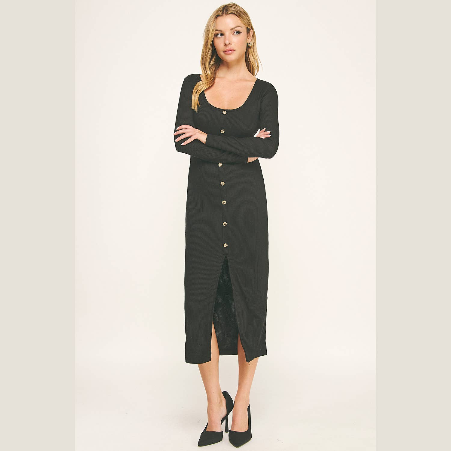 Winslow Collection - Vente Robe – femme - ROBE MIDI À MANCHES LONGUES AVEC BOUTONS ET CÔTES5