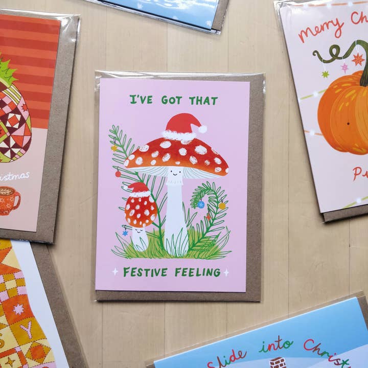 Festive Mushrooms Christmas Card for wholesale by Lucy Scott Illustration