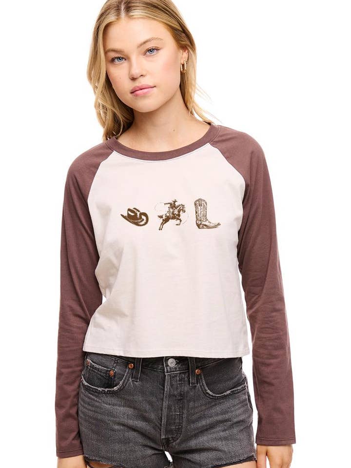 Zutter – wholesale Screen printed t-shirt – Women′s – Cowboy Essentials Vinatage L/S Raglan Graphic Tee1