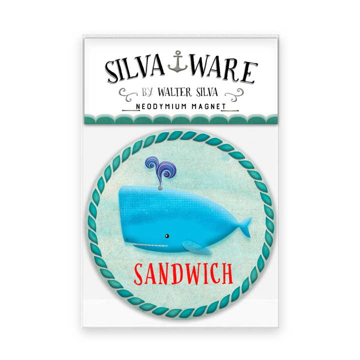 SANDWICH Cape Cod BIG BLUE WHALE Souvenir NEODYMIUM Magnet for wholesale by Silva Ware By Walter Silva