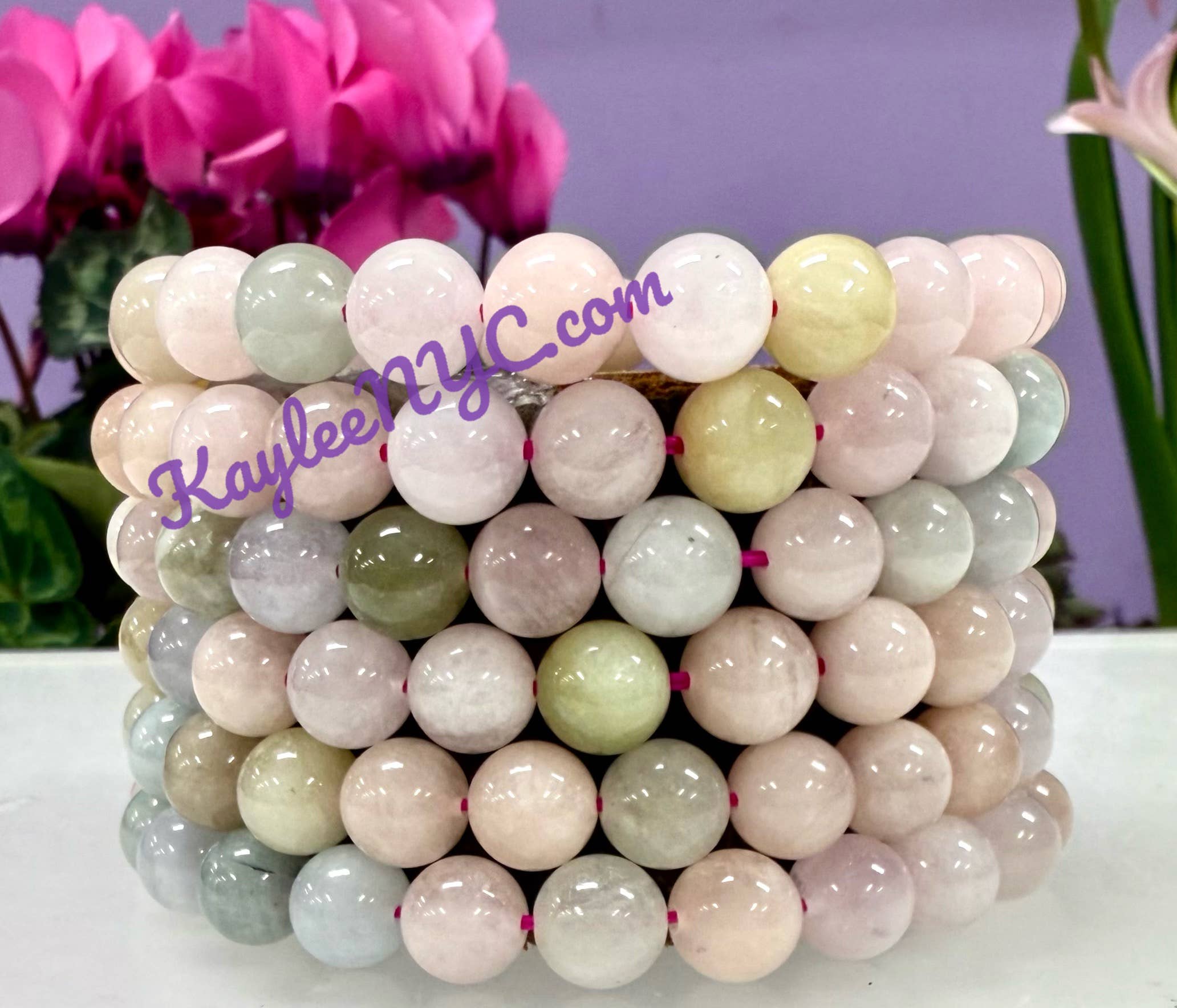 KayleeNYC - Wholesale Beaded Bracelet - Natural Morganite 8mm 7.5” Crystal Stretch Bracelet0