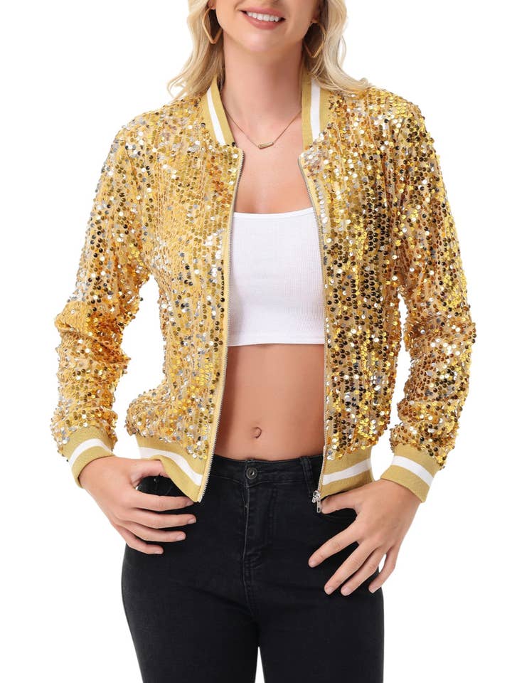 Sequin Bomber Jacket with Ribbed Trim and Front Zipper Closure for wholesale by Anna Kaci Wholesale
