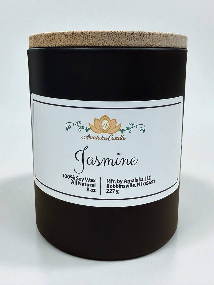 Jasmine 8 oz. candle made with 100% soy wax for wholesale by Amalaka Elegance Inc.