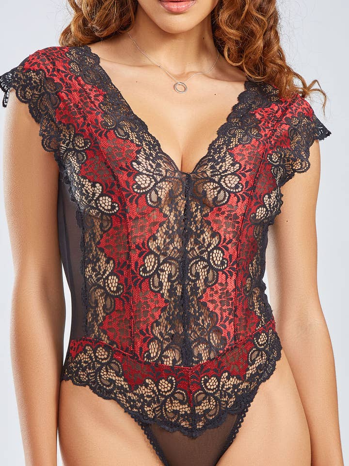 Natalia Lace Bodysuit Lingerie with Deep Plunge for wholesale by iCollection