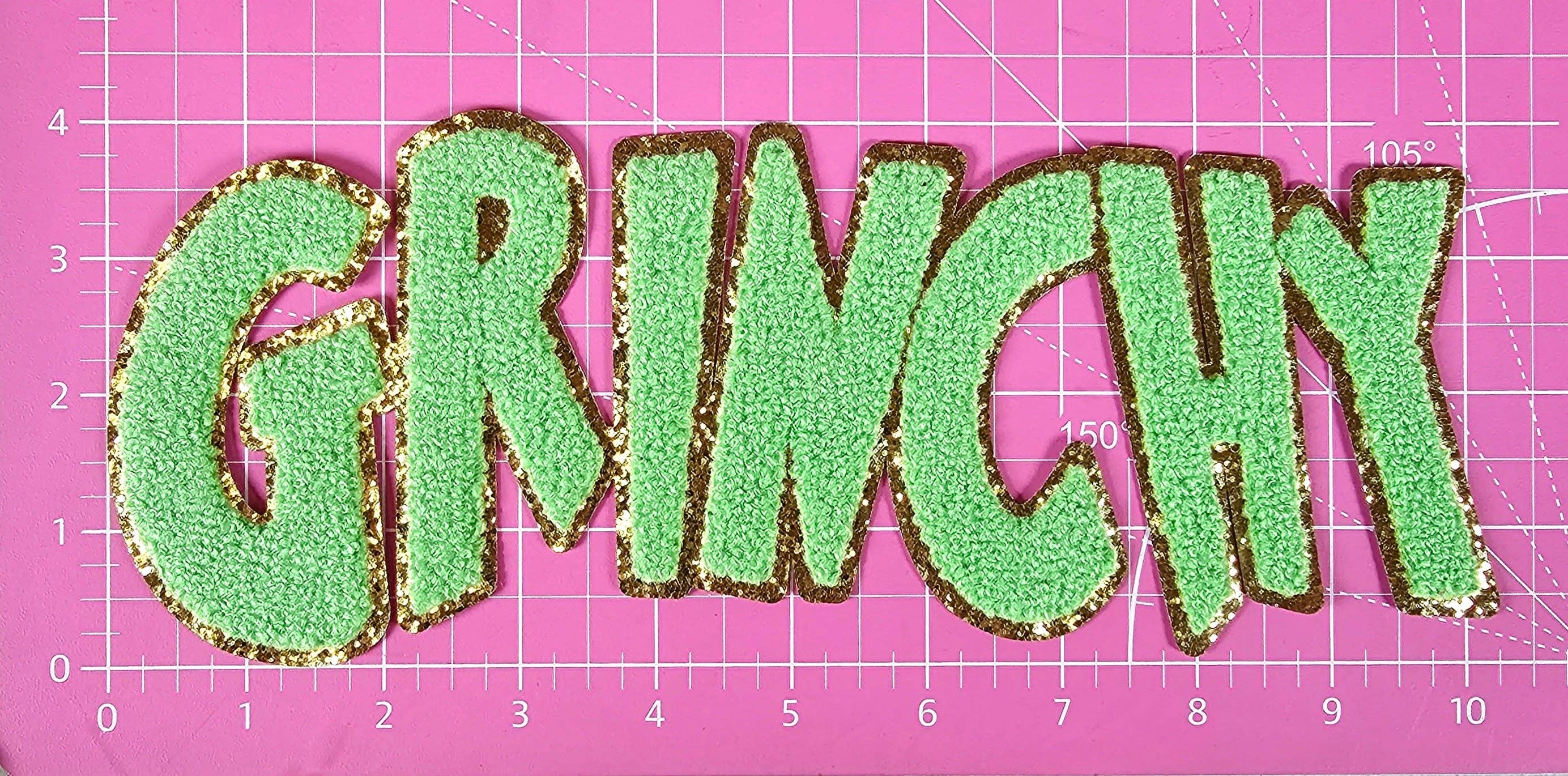 Scratch Decor - Wholesale Patch - Grinchy Word Chenille Gold Glitter Iron-on Patch7