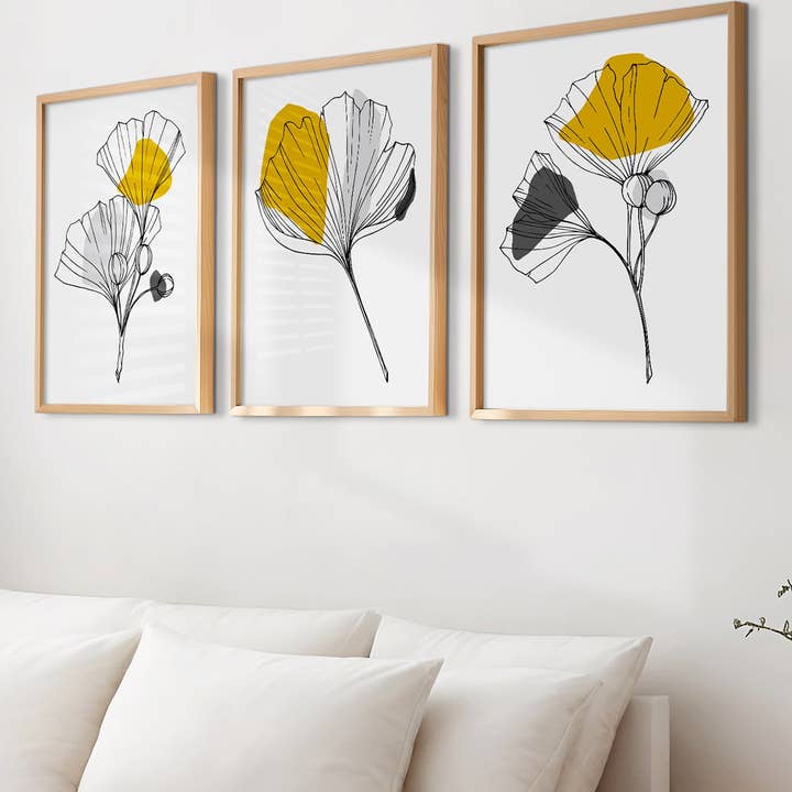THE WALL HABITAT - Wholesale Art Print - Set of 3 Mustard Yellow Ginkgo Leaf Art Prints1