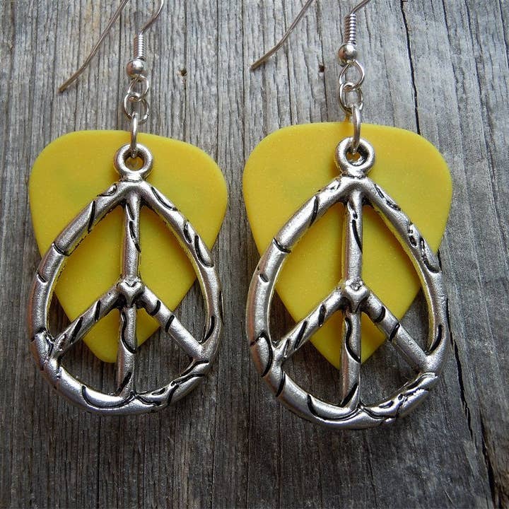 Simply Raevyn - Wholesale Dangle Earrings - Large Oval Peace Sign Charm Guitar Pick Earrings