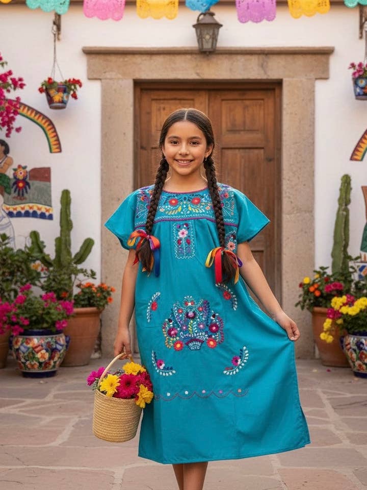 Cielito Lindo – Vestido - Crianças por atacado – Vestido Mexicano Puebla para Menina Azul1