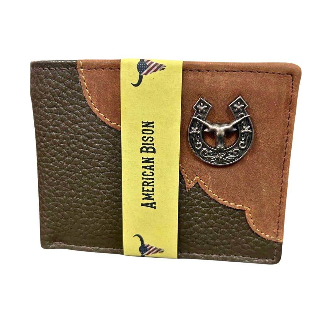 Leather Impressions Inc - Wholesale Wallet - Men's - Mixed Media Two Tone Bifold Rodeo Wallet w/ Medallion AB191714