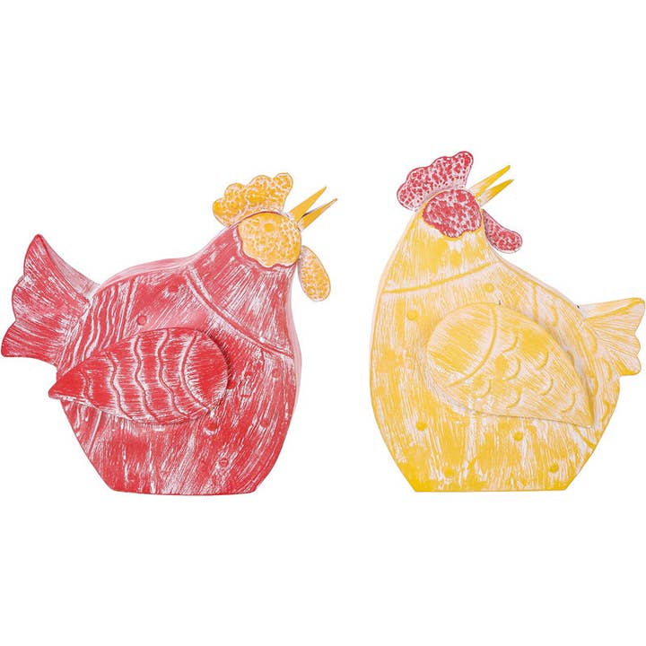 Funky Metal Sitting Chicken - Red & Yellow, 14" for wholesale by Will's Company