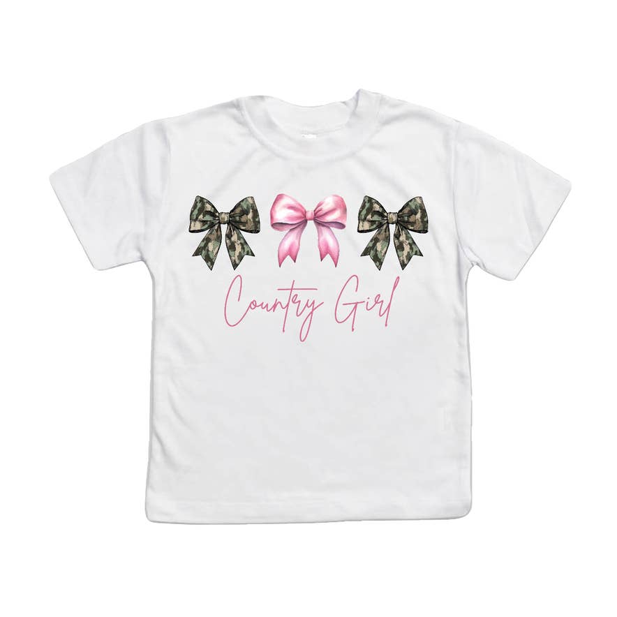 AvaryMaeInspirations - Wholesale Screen Printed T-Shirt - Kids - Country Girl Camo and Pink Coquette Bows Girls Tee Shirt