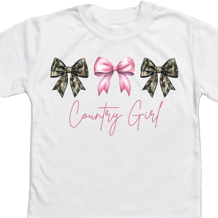 AvaryMaeInspirations - Wholesale Screen Printed T-Shirt - Kids - Country Girl Camo and Pink Coquette Bows Girls Tee Shirt0