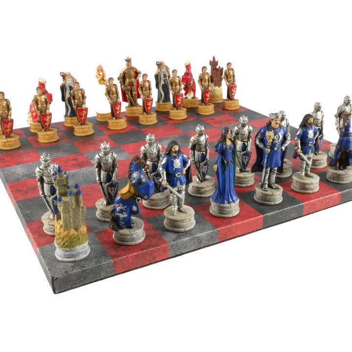 Conjunto de Xadrez - Peças de Xadrez Rei Artur em Resina sobre Tabuleiro de Xadrez em Pele Sintética Vermelha e Preto Escuro por atacado de WorldWise Imports
