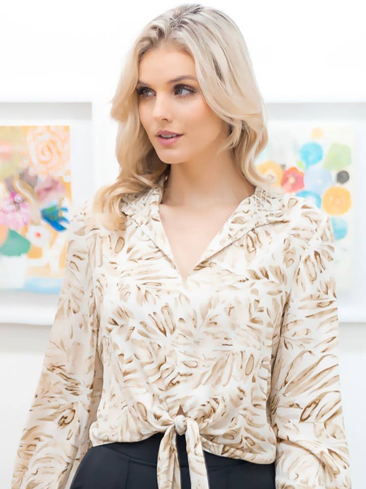 WT4171T-Leaf abstract front tie with smocking detail for wholesale by Taelynn