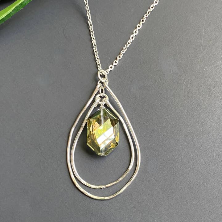 Hammered Silver Multi Layered Necklace Pendant Green Crystal for wholesale by Marble Designs Jewelry