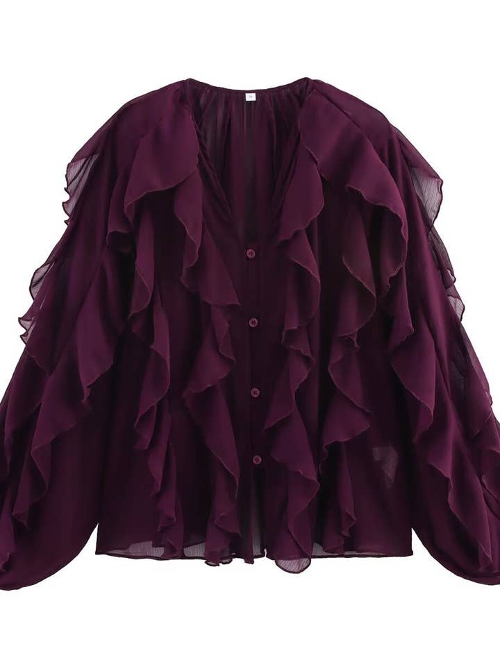 Marayn - Wholesale Blouse - Women's - Chic 2025 European Vneck Ruffled Layered Blouse B8882720