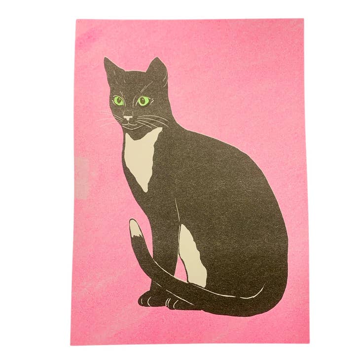 Risograph Print - Tuxedo Cat on Pink 5x7" for wholesale by StitchPrism
