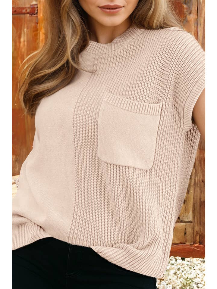 Jet Stream Solid Color Mixed Knits Patch Pocket Short Sleeve Sweater for wholesale on Faire