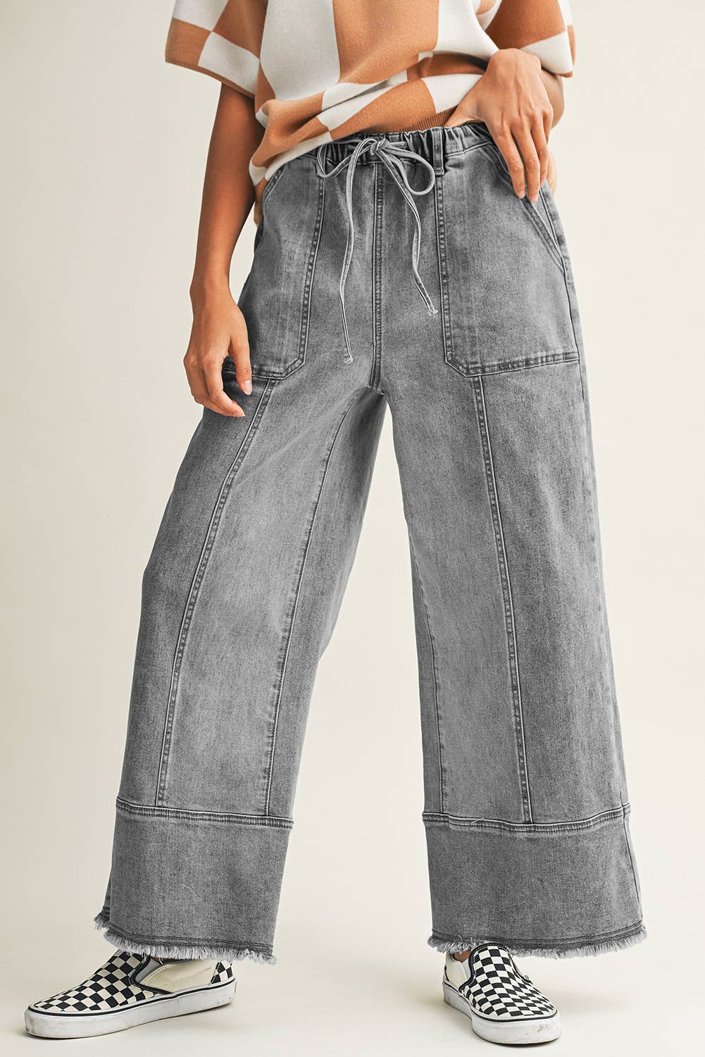 Little Daisy Closet - Wholesale Jeans - Women's -  LDC Drawstring Seam Detail Raw Hem Wide Leg Denim Pants5