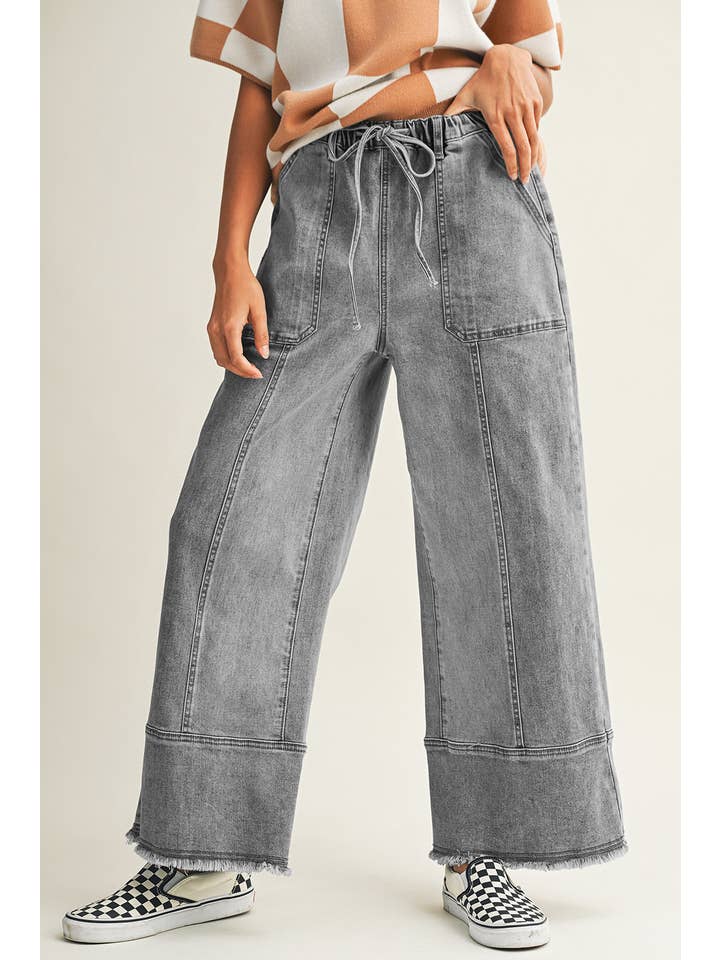 Little Daisy Closet - Wholesale Jeans - Women's - LDC Drawstring Seam Detail Raw Hem Wide Leg Denim Pants5
