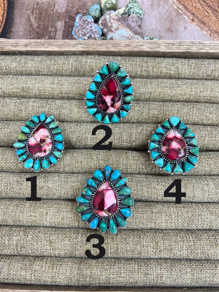 Anel Ajustável de Prata Esterlina Feito à Mão com Vale Esmeralda e Rosa Dália, Assinado Nizhoni por atacado de Nizhonitradersllc