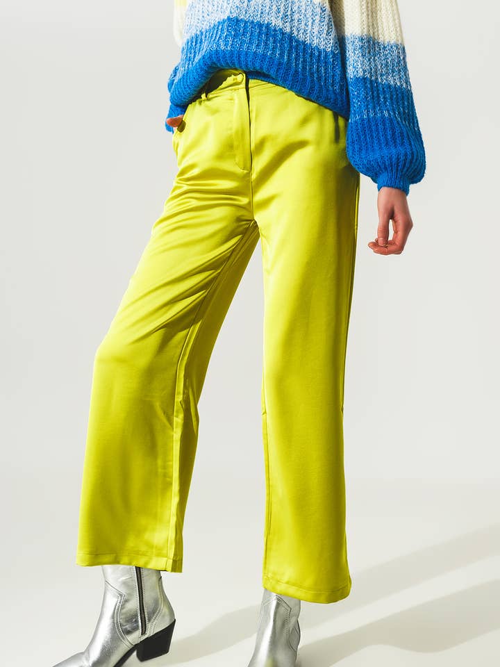 Vert Pantalon large en satin vert citron en vente sur Faire7