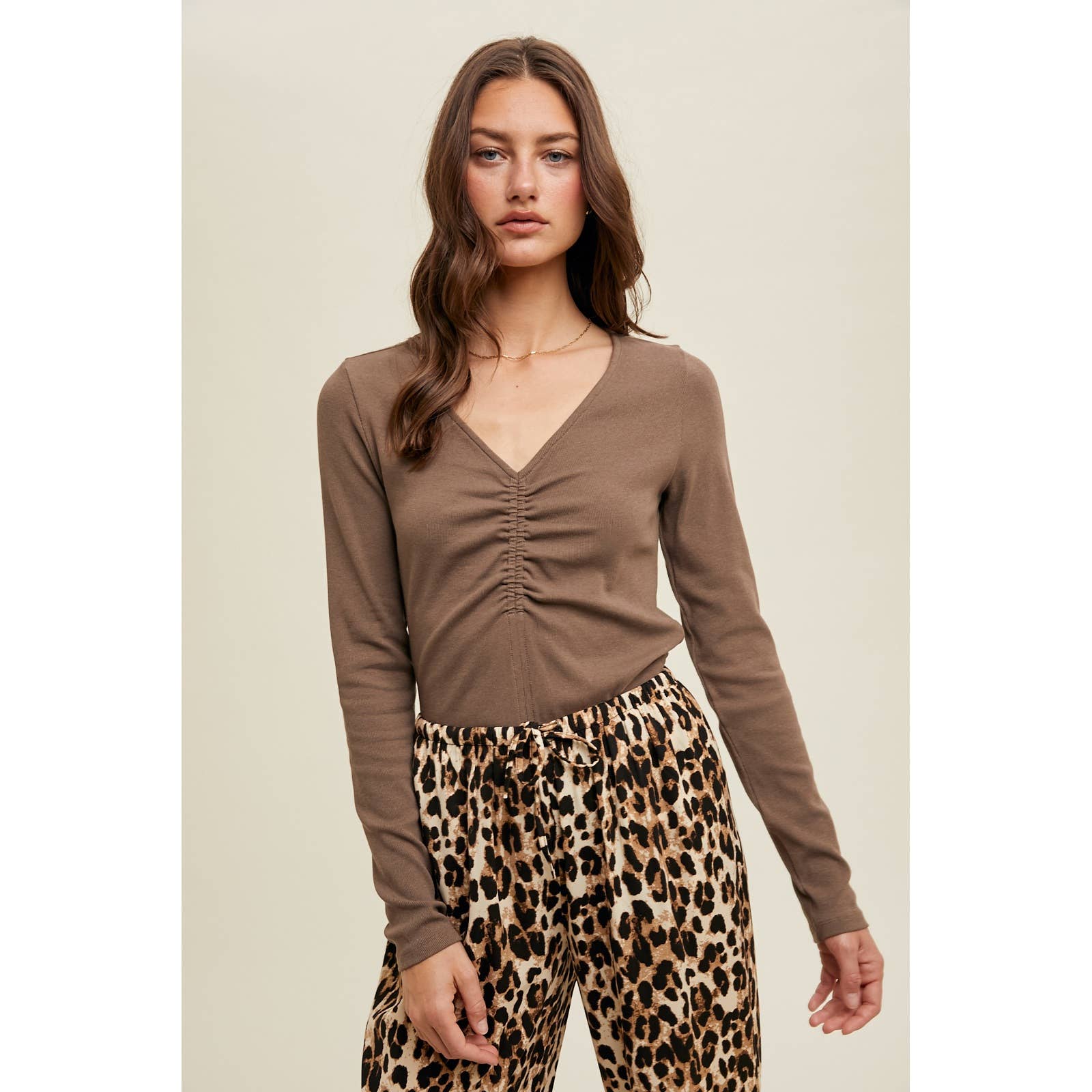 MOCHA FRONT RUCHED RIBBED KNIT TOP / WL24-9302 for wholesale on Faire